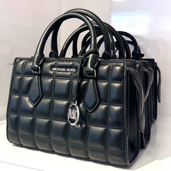 Michael Kors Small Quilted Sheila CZ Satchel Bag Vegan Material Black/Silver - Picture 1 of 6
